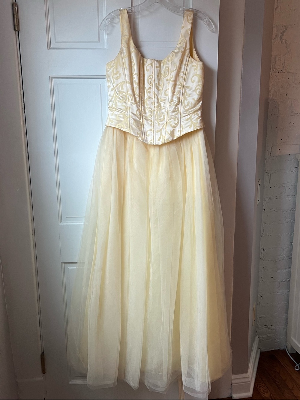 Vintage Pale Yellow Embroidered Tulle Corset Formal Dress